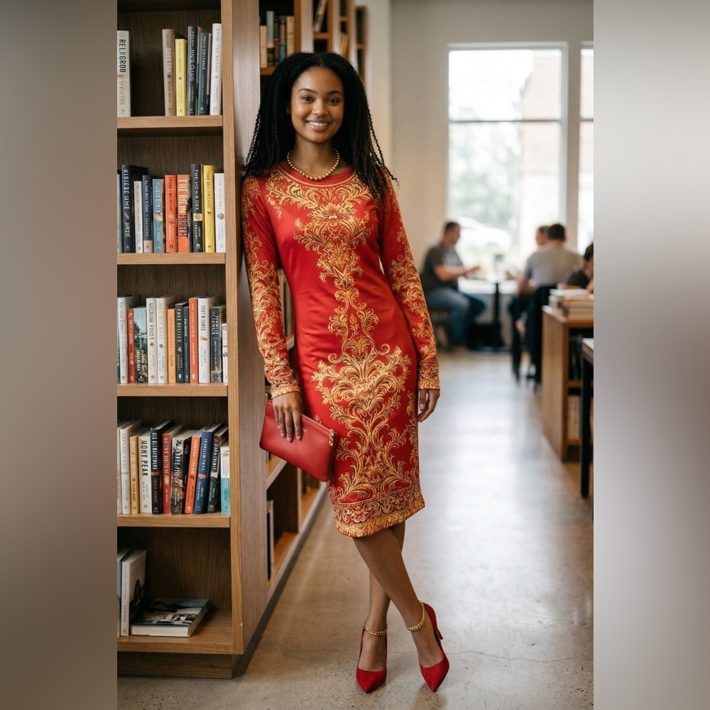 Red & Gold Baroque-Print Long Sleeve Midi Dress☑️